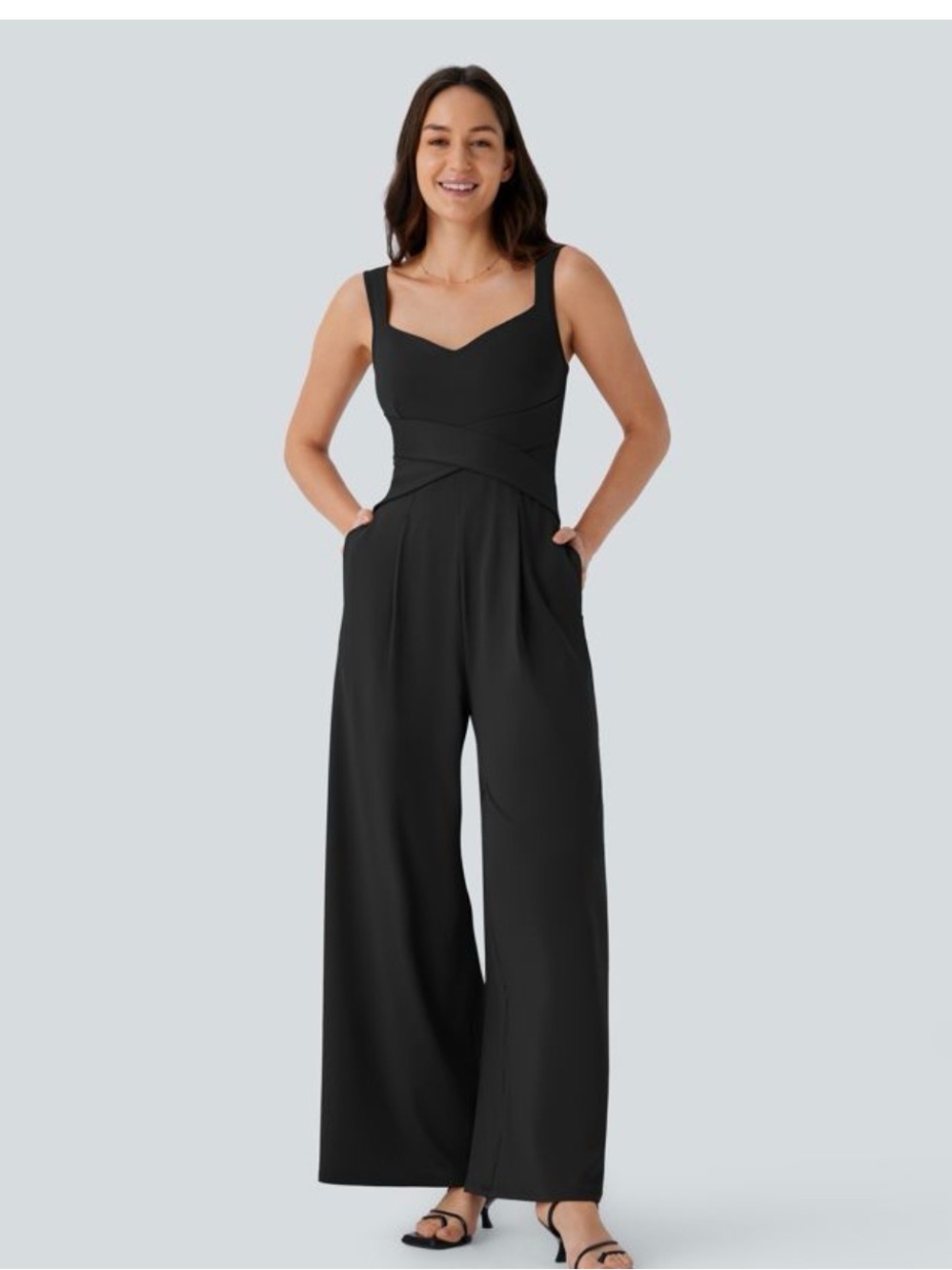 NWT HALARA Black Wide-Leg Jumpsuit with Sweetheart Neckline